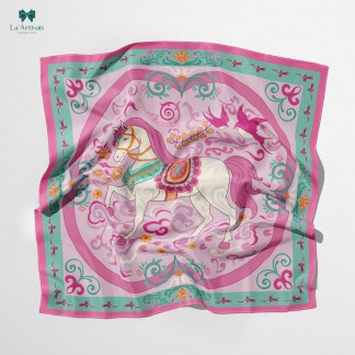 Double-sided printed silk scarf with the pink triumphant horse pattern (Size 70*70cm : 749,000vnd)